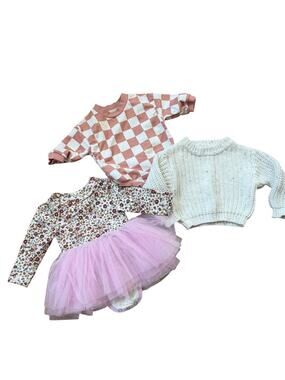 Lot of 3 Baby Girls Clothes 0-3 Month Tutu Dress Cable Knit Sweater Check Romper